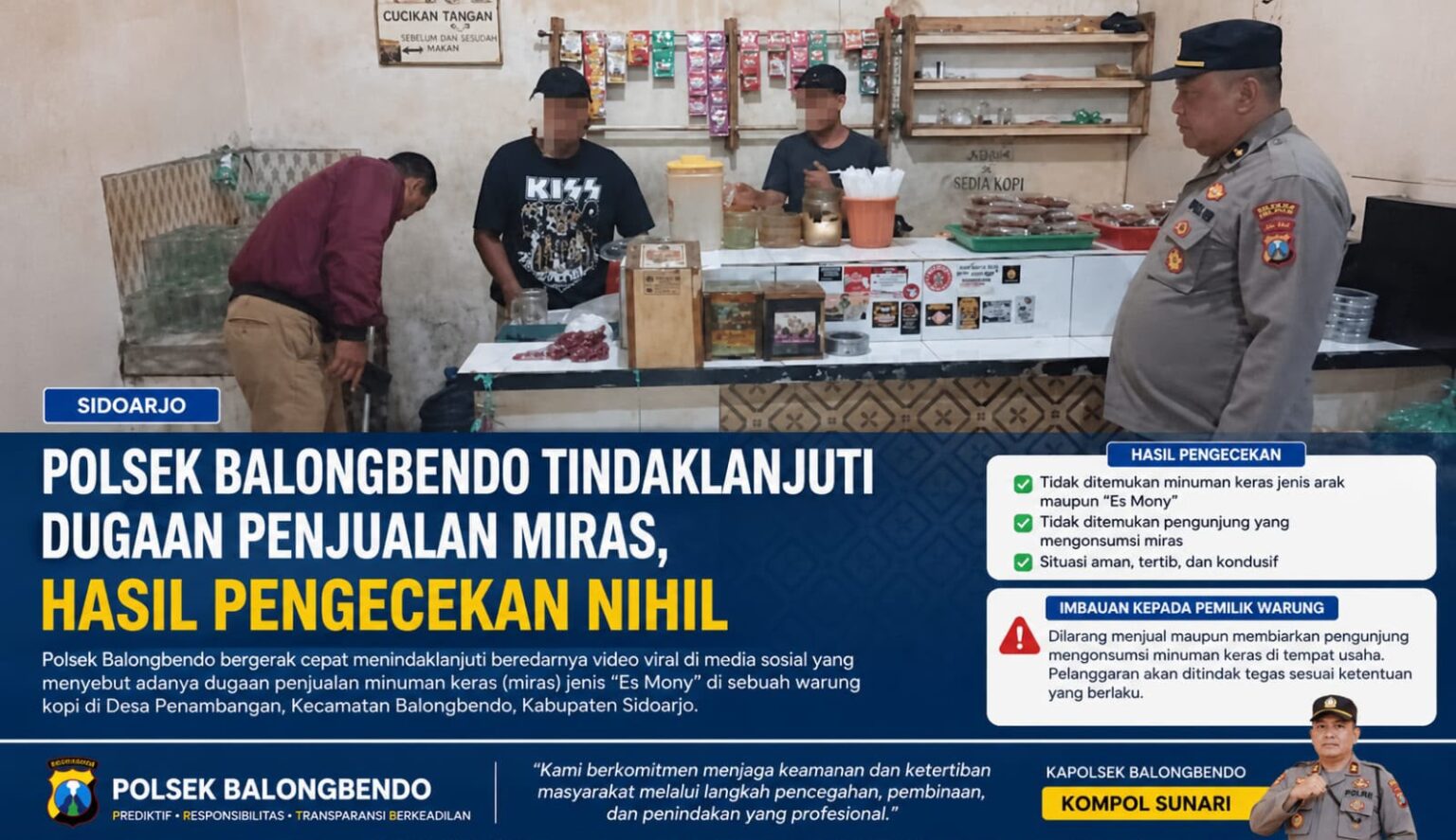 Polsek Balongbendo Tindaklanjuti Dugaan Penjualan Miras, Hasil Pengecekan Nihil