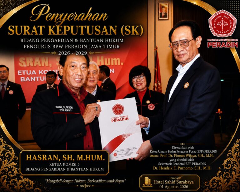 HASRAN RESMI JABAT KETUA KOMISI V BPW PERADIN JATIM 2026–2029, SIAP PERKUAT PENGABDIAN DAN BANTUAN HUKUM BAGI MASYARAKAT*