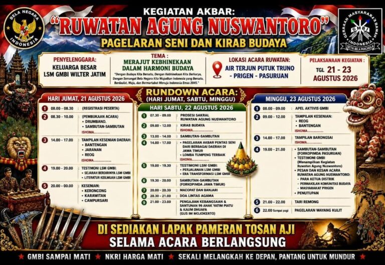 Ruwatan Agung Nuswantoro 2026 Digelar di Air Terjun Putuk Truno Prigen, GMBI Wilter Jatim Gelar Pagelaran Seni dan Kirab Budaya