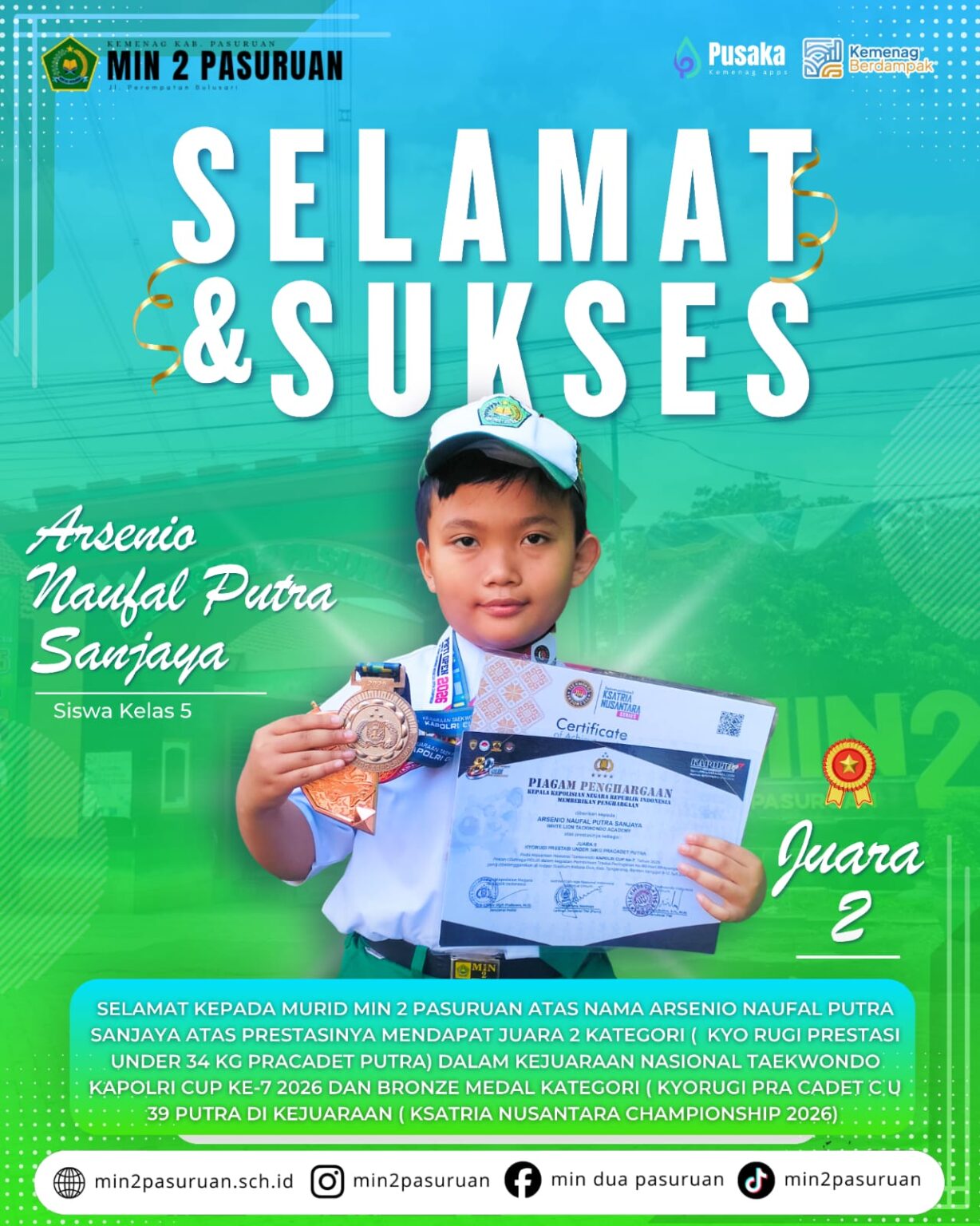 Siswa MIN 2 Pasuruan Borong Medali di Ajang Nasional Taekwondo, Harumkan Nama Madrasah di Kapolri Cup dan Ksatria Nusantara Championship 2026